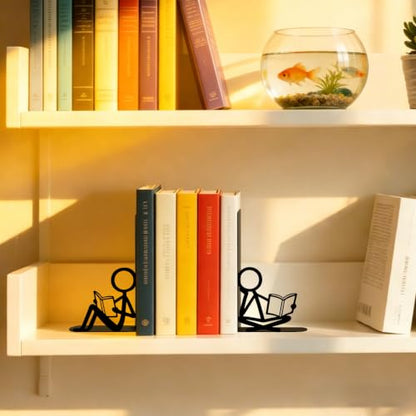 2 Pcs Metal Bookends and Heart Bookmark,Book Ends for Book Shelf,Two Reader - color: Black Siting Reader