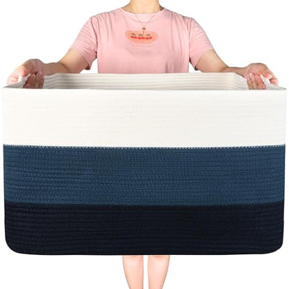 MINTWOOD Design 22in Extra Large Blanket Basket Holder Living Room, Rectangle Rope Woven Storage Basket with Handles for Laundry, Pool Towels, and Shoes, Dog Toy Organizer Bin Box, 3-Tone Blue - color: 3-Tone Blue