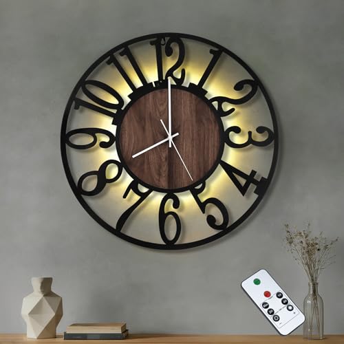 20" Silent Wall Clock – Adjustable Night Light, Battery Operated - color: Black Walnut - Arabic Numerals, size: 20 inch(50 cm)