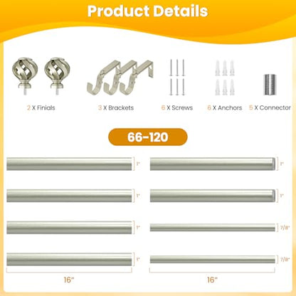 Ycolnaefllr Nickel Twisted Cage Curtain Rod, Heavy Duty Adjustable 66-120" - color: Brushed Nickel, size: 16-126"