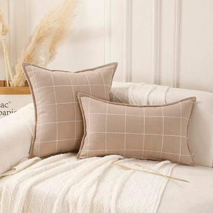 Pure Linen Plaid Throw Pillow Covers 18x18, Set of 2, Pink - color: Pink, size: 18x18inch