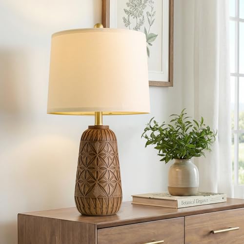 BOBOMOMO 24" Modern Farmhouse Table Lamp, Geometric Hand-Carved Resin Bedside Lamp with Wood Grain Finish, Rustic Nightstand Lamp for Bedroom & Living Room, Cottage Decor, Rotary Switch - color: Vintage Brown