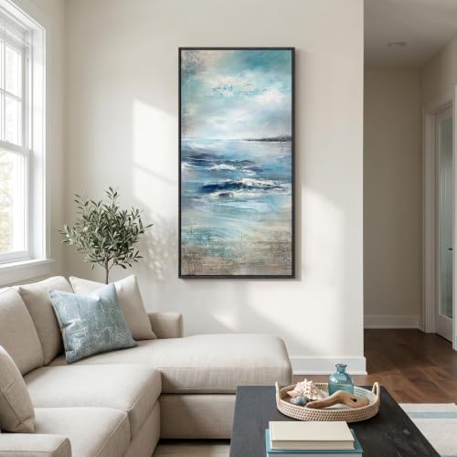 Framed Abstract Coastal Ocean Wall Art, Blue Vertical Art Print, 20x40 Inch - color: Blue White, size: 40"L x 20"W