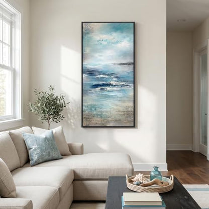 Framed Abstract Coastal Ocean Wall Art, Blue Vertical Art Print, 20x40 Inch - color: Blue White, size: 40"L x 20"W