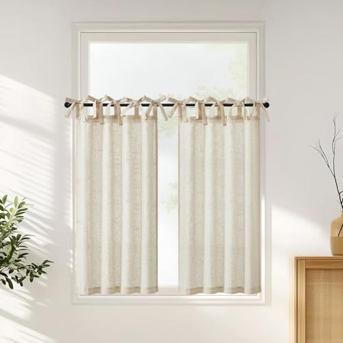 jinchan Solid Linen Kitchen Tier Curtains 45 Inches Tie Top 2 Panles Crude - color: Verona Curde, size: 26"W x 45"L (Pack of 2)