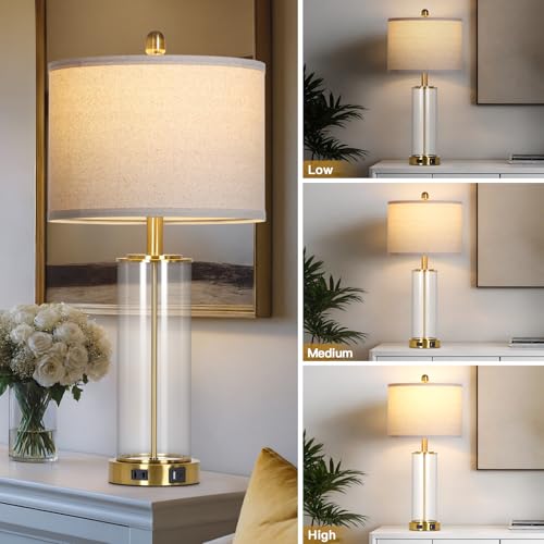 Ruzectt 26" Glass Table Lamp Single, 3-Way Dimmable Touch Control Living Room Lamp with USB C+A Ports & AC Outlet, Modern Bedside Lamps, Bedroom Lamps for Nightstand Side End Table Desk, Gold-1PK - color: Gold-1PK