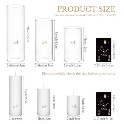24 Pcs Glass Hurricane Candle Holders Set - White Pillar Candles with Clear Glass Cylinder Vases (12 Candles + 12 Vases) for Wedding, Dating, Party, Table Centerpiece Decor - size: 24 Pcs