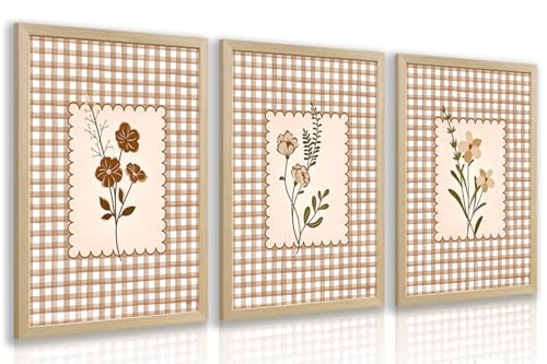 LERVR Wood Framed Vintage Floral Wall Art Set of 3, Rustic Farmhouse Flower Wall Decor, Brown Gingham Botanical Canvas Print, Neutral Cottage Botanical Artwork for Living Room Bedroom 16x24 Inch - color: PlaidPrint, size: 24"L x 16"W