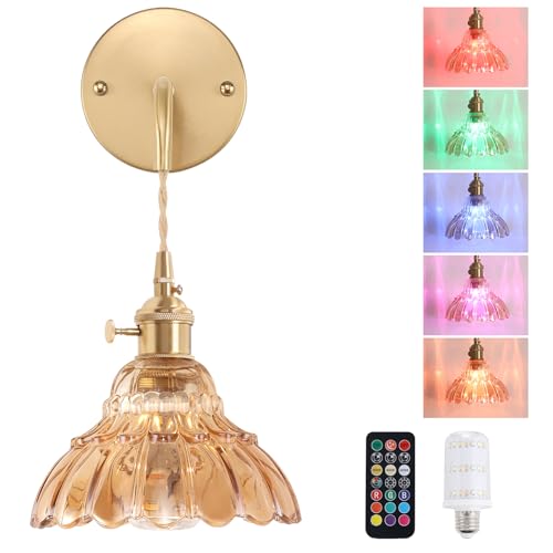 Shenmoyl Battery Operated Wall Sconce Wall Lamp with Amber Lily of the Valley Shade Pattern Glass Adjustable Chain Retro Gold Wall Mounted Light, Modern Wall Lamp Fixtures Decor for Bedside Bedroom - color: Lily of the Valley-Amber, size: 1Pack-Battery Op
