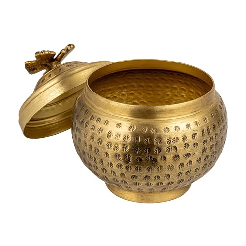 Creative Co-Op Round Hammered Metal Container with Butterfly Finial, Brass Finish - size: 6 inches (Diameter) x 7 inches (Height), style: Cottage