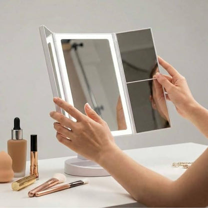 Fancii LED Lighted Vanity Makeup Mirror, Rechargeable Trifold Mirror with 5X & 10x Magnifications - 68 Dimmable Natural Lights, Touch Screen, Best Adjustable Make Up Mirror with Cosmetic Stand