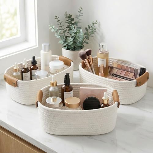 Beautiful Storage Basket Set of 3 - Sturdy Rope Baskets for Shelves - color: Beige
