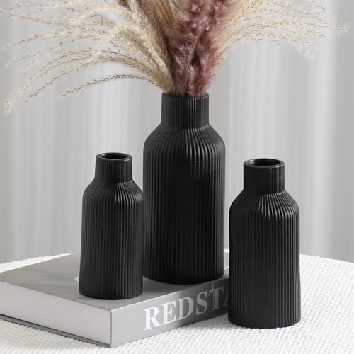 Bohemian Black Ceramic Vase - for Pampas Grass, Mantel, Bookshelf, Entryway and Living Room Decor (Black, Set of 3) - color: Black, size: Set of 3-Round