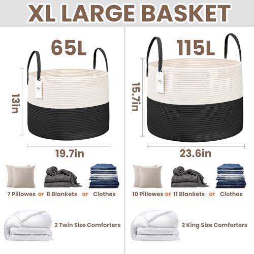 JMvicyroam 115L Extra Large Machine Washable Cotton Rope Blanket Basket - color: White&Black, size: 115L