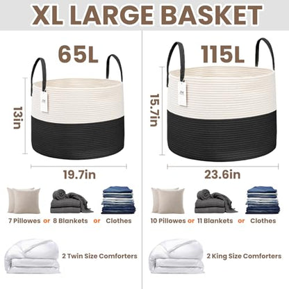 JMvicyroam 115L Extra Large Machine Washable Cotton Rope Blanket Basket - color: White&Black, size: 115L