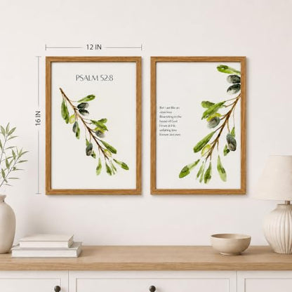 2Pcs Framed Psalm 52:8 Canvas Wall Art Scripture Botanical Deco 16x12 Inch - color: Olive branch, size: 16"L x 12"W