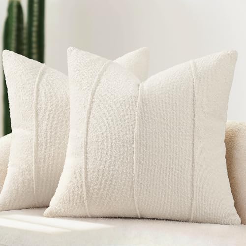 YCOLL Textured Boucle Throw Pillow Covers 22x22 Pack of 2 - Soft Neutral Striped Cushion Covers, Cozy Accent Decorative Pillow Covers for Couch, Sofa, Bed, Living Room (Ivory) - color: Ivory, size: 22" x 22" (Pack of 2)