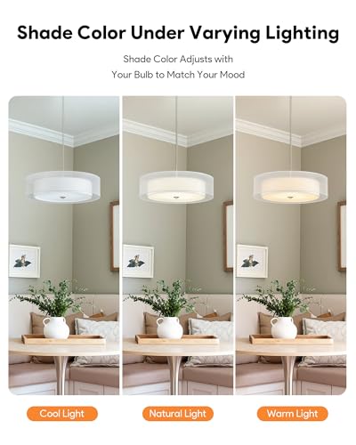 VONLUCE 20" Drum Chandelier, 3-Light White Fabric Pendant Light Fixture - color: Brushed Nickel, size: 20inch