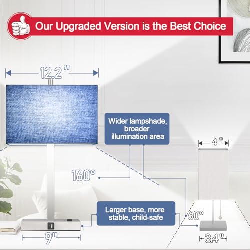 Lynnoland 21" Set of 2 Table lamp with USB A+C & AC Outlets, Touch Control 3-Way Dimmable Nightstand Lamps for Bedroom Living Room Office Reading, Blue Shade Touch Lamps, 5000K LED Bulbs Included - color: Blue Line & Brushed Nickel