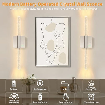 Battery Operated Wireless Wall Sconces, 2 Pack Dimmable Wall Lighting - color: Nickel