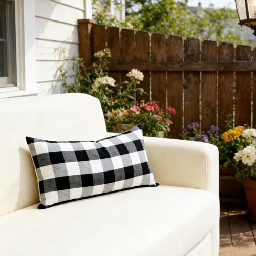 Slow Cow Lumbar Throw Pillow Cover Checker Plaid 12 x 24 Inches Black - color: D-plaid Black, size: 24" x 12" (Pack of 1)