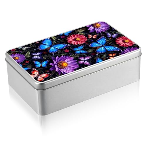 Metal Tin Box with Lid, Rectangular Silver Metal Storage Container, 7.09"×4.33"×2.17" Gift Decorative Empty Box, Butterfly Flowers - color: Butterfly Flowers, size: Large(7.09"×4.33"×2.17")