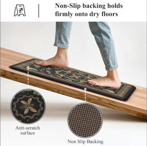 KIMODE Kitchen Mats for Floor 2 Piece Cushioned Anti Fatigue Kitchen Rugs - color: Midnight Black Botanical