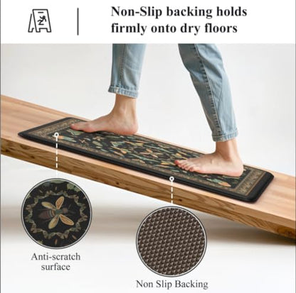 KIMODE Kitchen Mats for Floor 2 Piece Cushioned Anti Fatigue Kitchen Rugs - color: Midnight Black Botanical