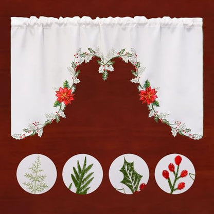 Simhomsen Embroidered Poinsettia Kitchen Window Curtain Swag and Tiers Set for Christmas Holiday (Poinsettia) - color: Poinsettia
