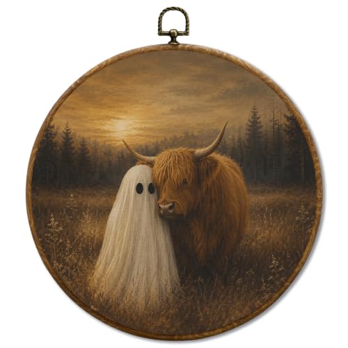 JUIOEIU Fall Halloween Ghost Highland Cow Round Wall Decor 995 - color: Ghost Highland Cow
