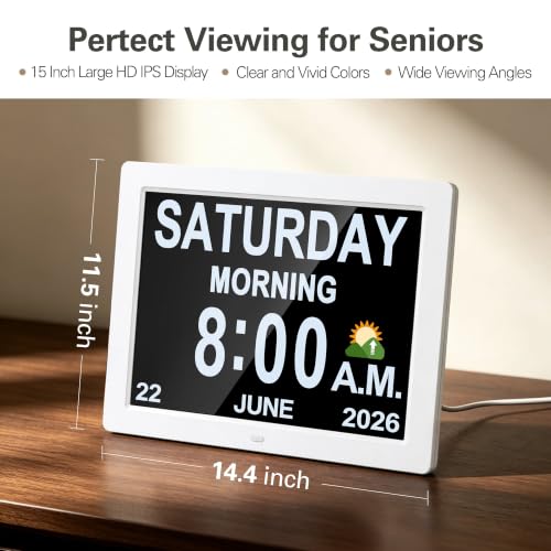JALL 2026 Digital Calendar Clock (White, 15'') - color: White, size: 15''