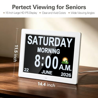 JALL 2026 Digital Calendar Clock (White, 15'') - color: White, size: 15''