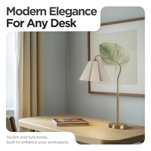 Table Lamp with Beige Pleated Linen Shade, Curved Gold Metal Base, E26 Socket – 23" Tall Modern Bedside Desk Lamp for Bedroom, Living Room, Office – Bulb Not Included - color: Gold