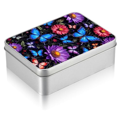 Small Metal Tin Box with Lid, Rectangular Silver Metal Storage Container, 4.92"×3.54"×1.57" Gift Decorative Empty Box, Butterfly Flowers - color: Butterfly Flowers, size: Small(4.92"×3.54"×1.57")