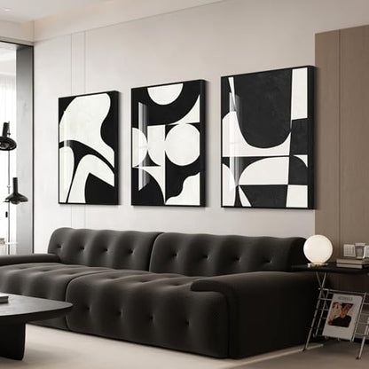 QKF Black White Crystal Textured Abstract Framed Canvas Wall Art Set - color: Black white black, size: 16" X 24" X 3 pieces