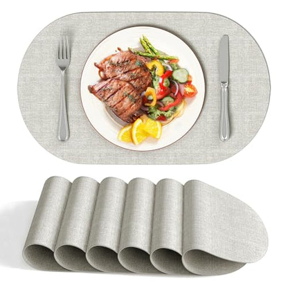 DOLOPL Oval Placemats Set of 6, Gray Faux Leather Table Place Mats - color: Gray, size: Medium: 11.8" x 17"