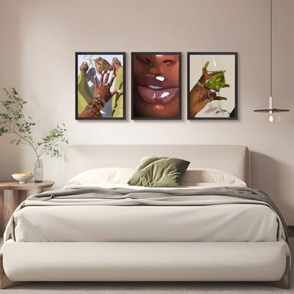 Hianan Wood Framed Fashion Black Woman Wall Art Set of 3, 12x16 in - color: Yellow-Green(Wood), size: 16"L x 12"W