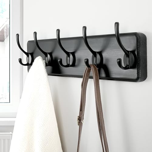 Dseap Coat Rack Wall Mount: Modern, Patented, Heavy-Duty, 17.4" Long 5-Double-Hooks Wooden Hanger Hook Rail for Winter Coats Hat Jacket Clothing, Black - color: Black, size: L=17.4" (1pcs)