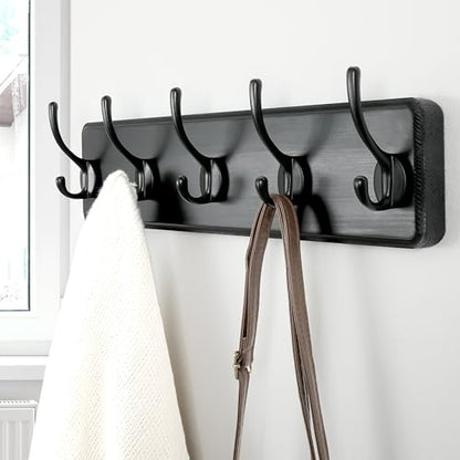 Dseap Coat Rack Wall Mount: Modern, Patented, Heavy-Duty, 17.4" Long 5-Double-Hooks Wooden Hanger Hook Rail for Winter Coats Hat Jacket Clothing, Black - color: Black, size: L=17.4" (1pcs)
