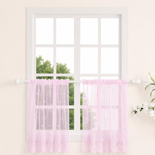 Molaxhome Kitchen Curtains Valance Pink Lace Floral Semi Sheer Curtain - color: Pink, size: 29"W x 35"L
