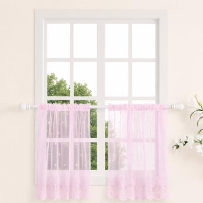Molaxhome Kitchen Curtains Valance Pink Lace Floral Semi Sheer Curtain - color: Pink, size: 29"W x 35"L