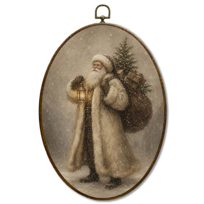 JQF Moody Winter Christmas Santa Claus Oval Wall Decor Framed 8.5x11.5 Inch - color: santa-4