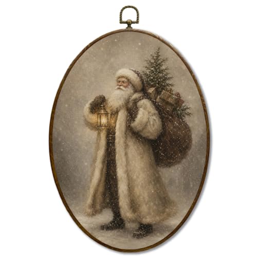 JQF Moody Winter Christmas Santa Claus Oval Wall Decor Framed 8.5x11.5 Inch - color: santa-4