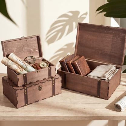 Sliner 3 Pack Vintage Wooden Keepsake Treasure Chest Box with Lock, S M L