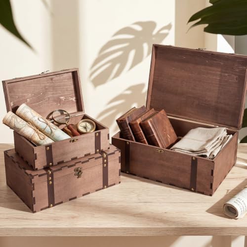 Sliner 3 Pack Vintage Wooden Keepsake Treasure Chest Box with Lock, S M L