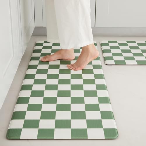 Ohocut Checkered Kitchen Mats for Floor Set of 2, 2 Pcs Sage Green Cushioned Non Slip Runner Rugs for Kitchen/Sink/Laundry, Comfort Aesthetic Cute Anti-Fatigue Foam Floor Mat 17.3"x29.5"+17.3"x47.2" - color: Green