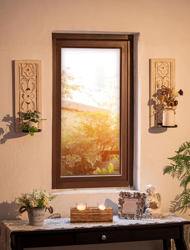 Whitewashed Wood Wall Candle Sconces Set of 2, Floral Design - color: Distressed White