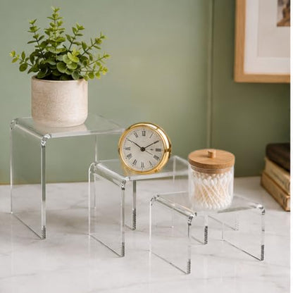 Clear Acrylic Display Risers Set of 3, Assorted 4 5 6 Inch Retail Pedestals, Transparent Tabletop Stands for Jewelry, Figurines, Crafts, Collectibles, Store Fixtures, Dessert Table and Product Displays