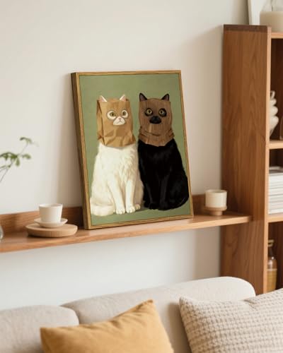WHASAYART Whimsical Cats Wearing Paper Bag Masks Wall Art Framed 12"×16" - color: Masked Two Cats, size: 16"L x 12"W