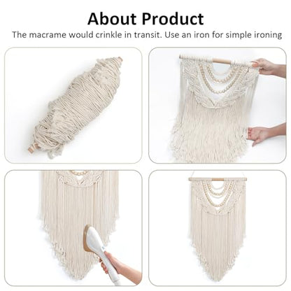 Beige Macrame Wall Hanging Handmade Tapestry with Chic Wooden Beads Tassels